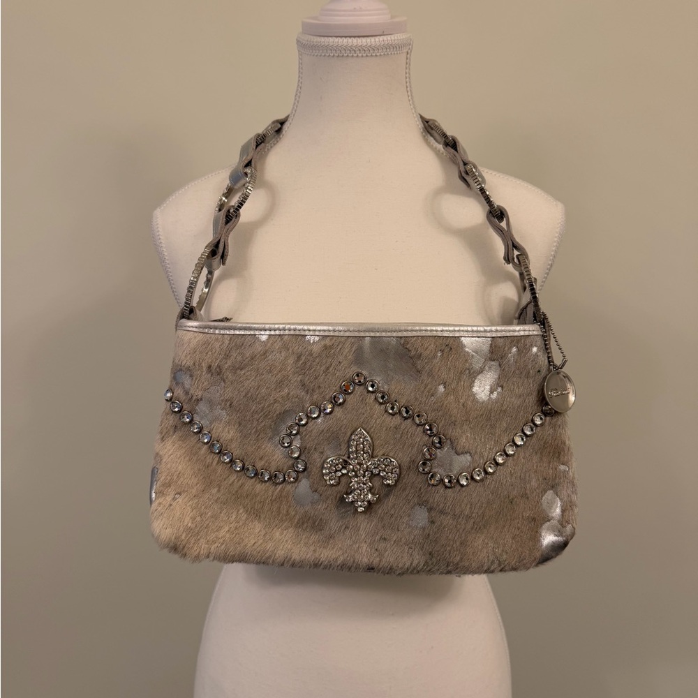 Raviani Swarovski silver and beige Fur Zipper Pouch.